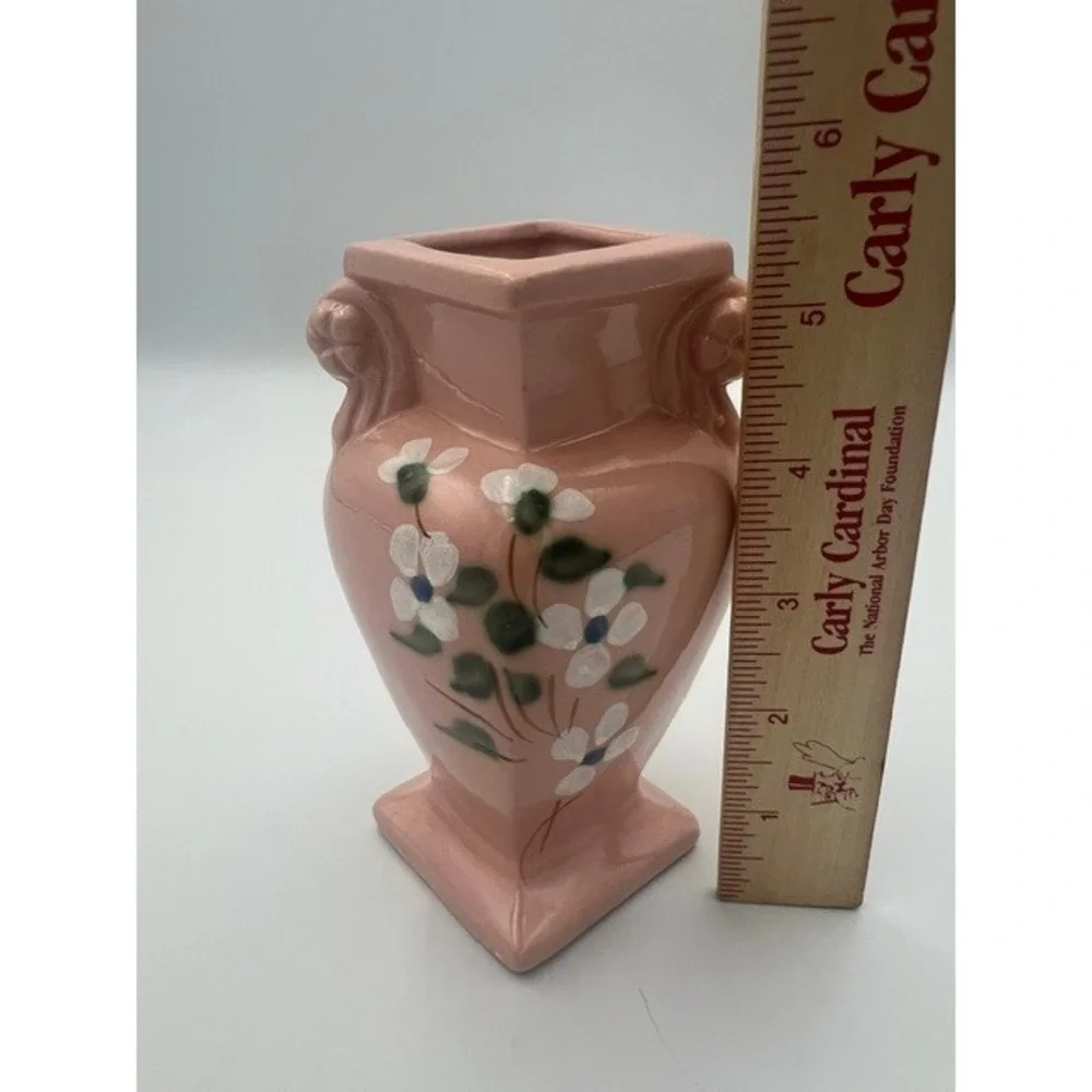 Vintage R.R.P. Co Roseville Ohio Pink Ceramic Bud Vase Hand Painted Floral 5.5